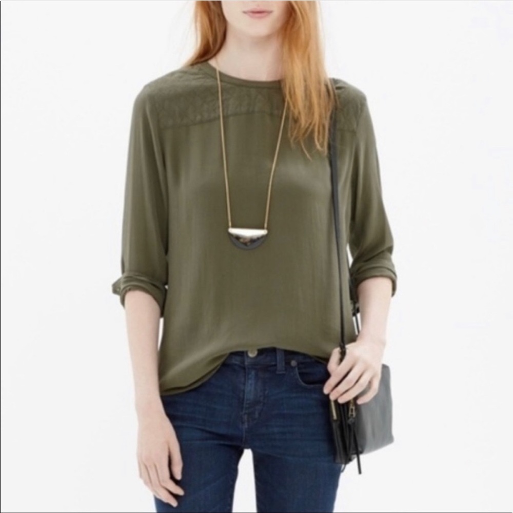 Olive Green Madewell Quilted Silk Blouse Size Small EUC